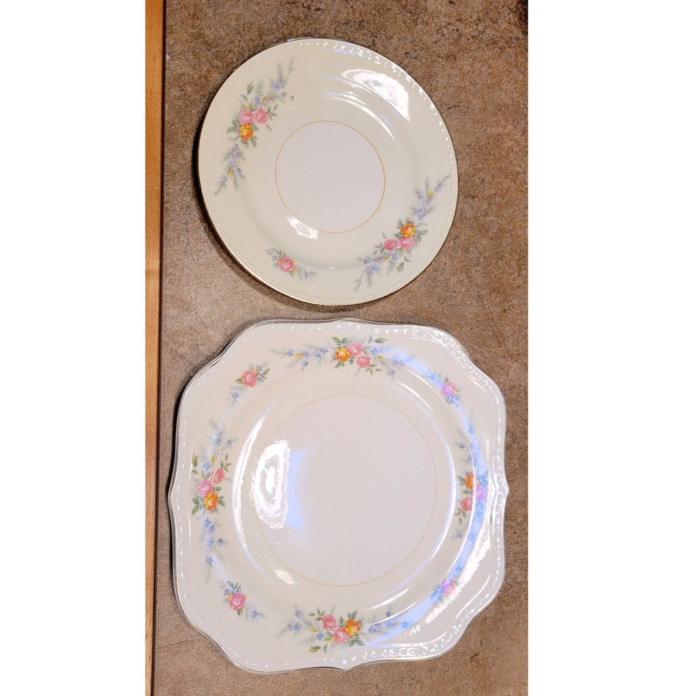 Vintage Floral Rose Dinner Plate Scalloped Edge Gold Trim Ivory Elegant
